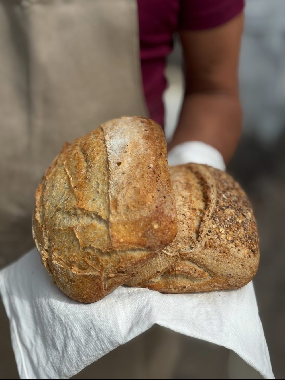 Two naturally leavened loaves on a white cloth.